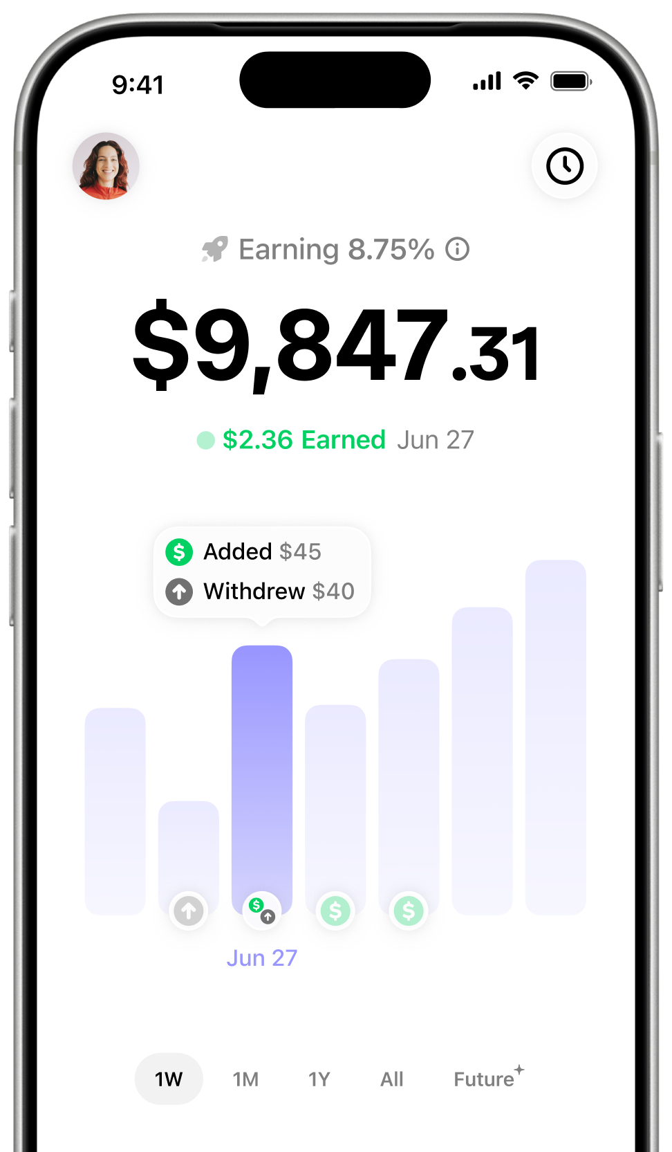 The Aave app showing a savings balance earning 8.75%.