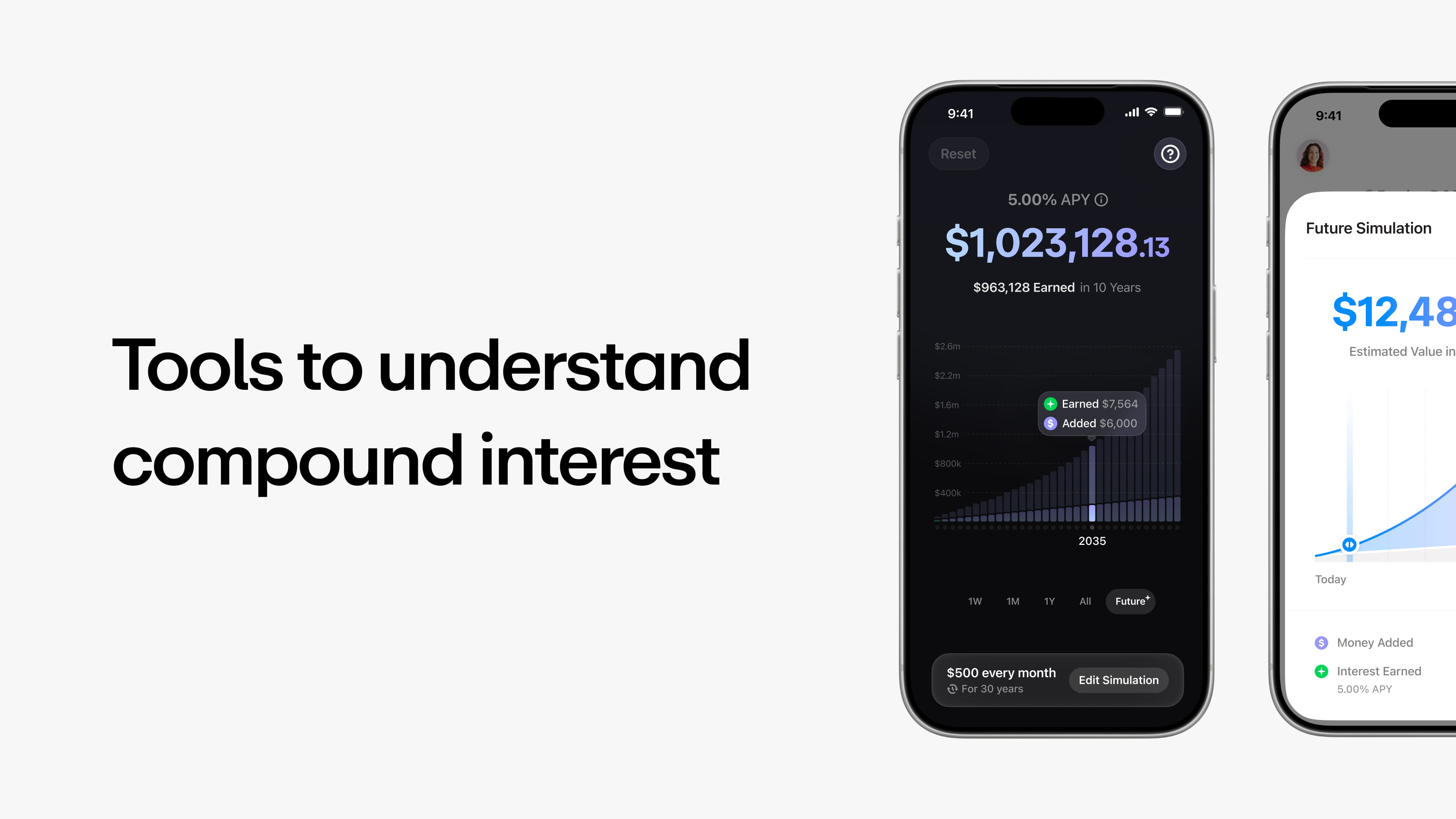 Aave app compound interest simulator showing growth of $500 monthly contributions at 5.00% APY over 30 years